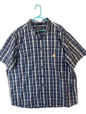Carhartt Mens Blue Plaid Short Sleeve Button-Up Shirt 2XL Tall Loose Fit Guc